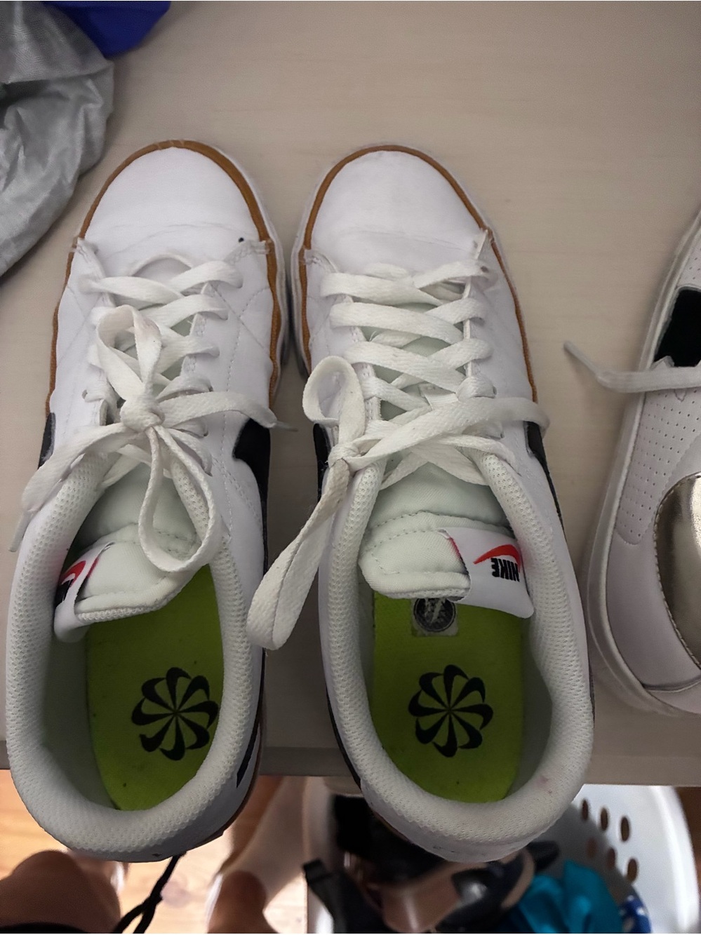 Nike Women’s White Sneakers with Gum Outsole and Black Swoosh 10